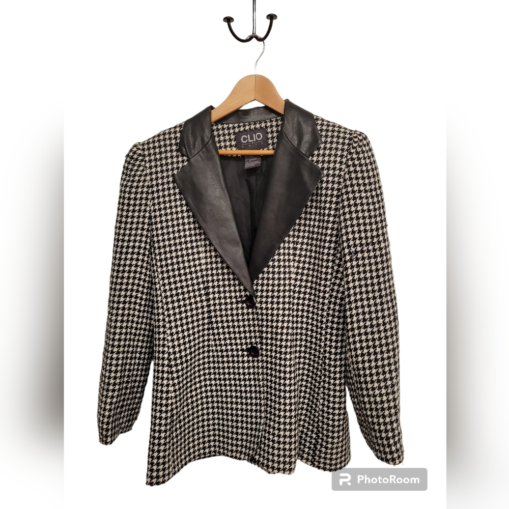 VINTAGE 80'S CLIO 2 SUIT HOUNDSTOOTH PLAID PRINT BLAZER ELBOW PATCHES SIZE 12